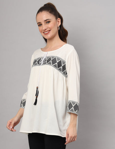 White Boho Embroidered Top