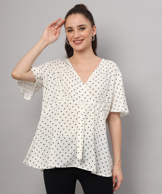 Zyrawear White Polka Dot Wrap Top