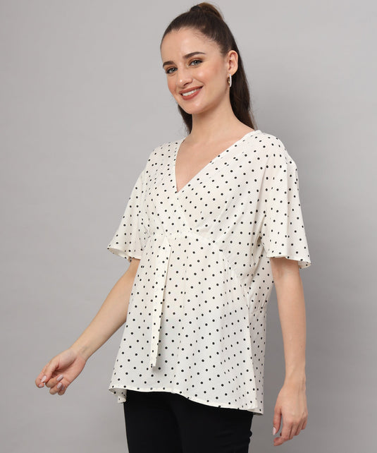 Zyrawear White Polka Dot Wrap Top