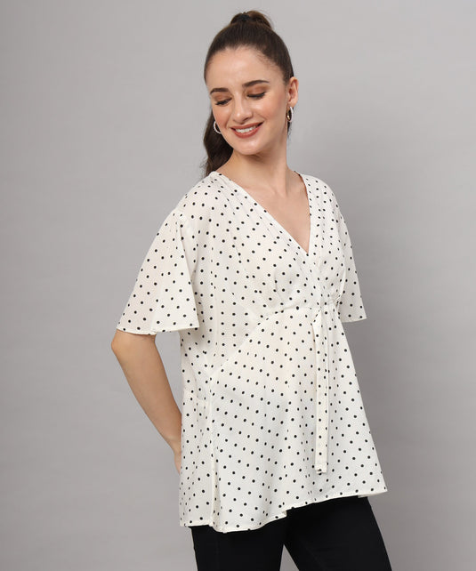 Zyrawear White Polka Dot Wrap Top