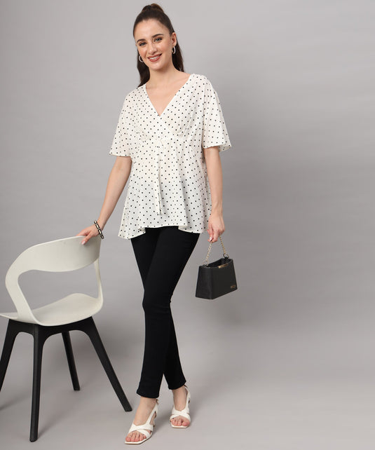 Zyrawear White Polka Dot Wrap Top