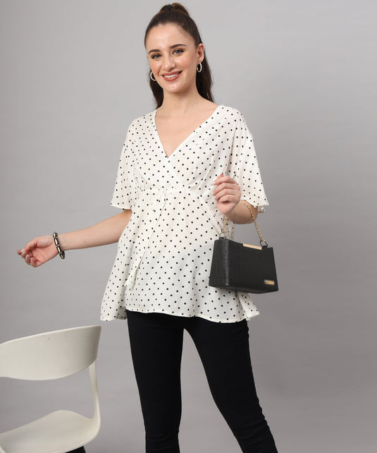 Zyrawear White Polka Dot Wrap Top