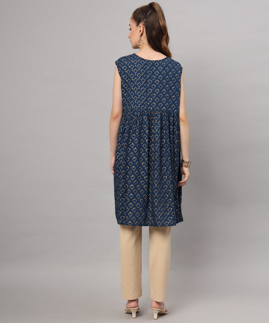 Navy Blue Printed Kurti with Beige Trousers