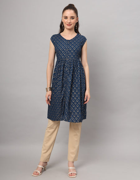 Navy Blue Printed Kurti with Beige Trousers