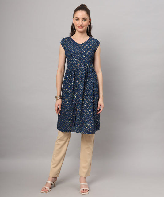 Navy Blue Printed Kurti with Beige Trousers