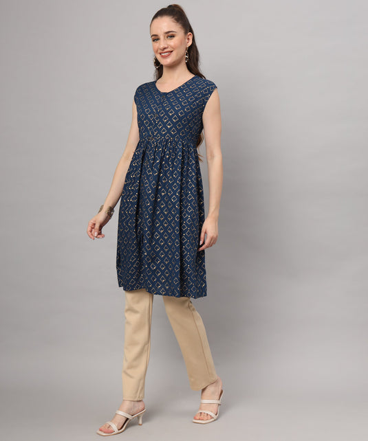 Navy Blue Printed Kurti with Beige Trousers