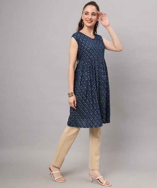 Navy Blue Printed Kurti with Beige Trousers