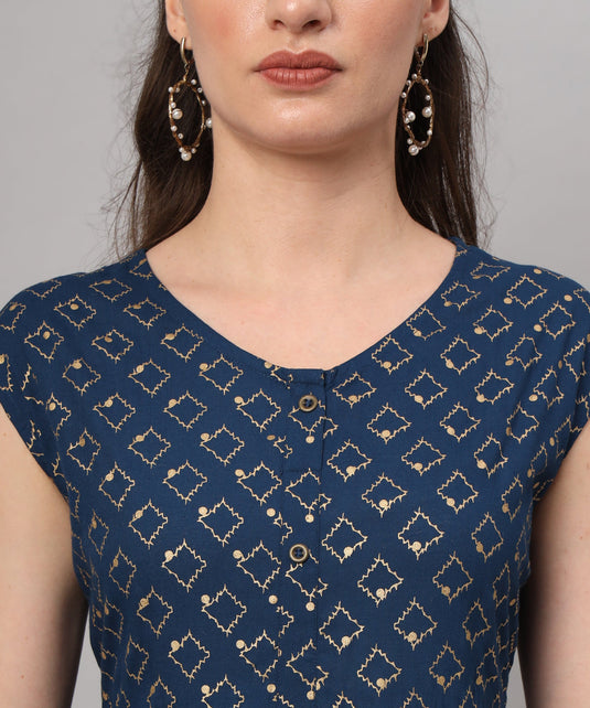 Navy Blue Printed Kurti with Beige Trousers