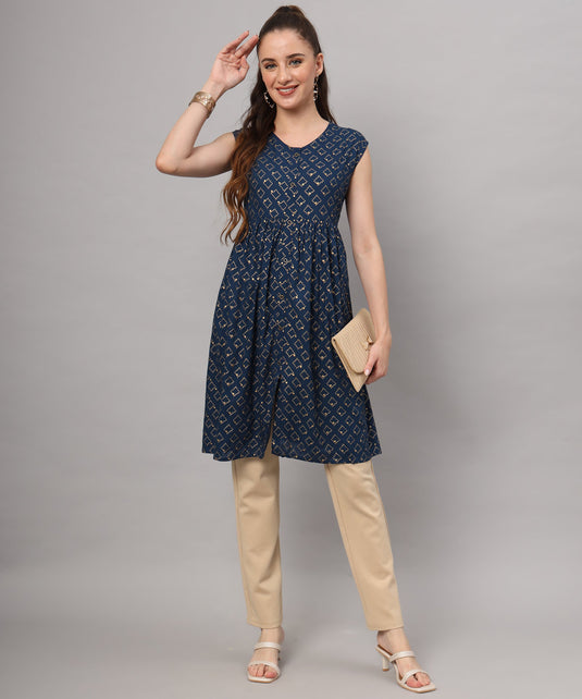 Navy Blue Printed Kurti with Beige Trousers