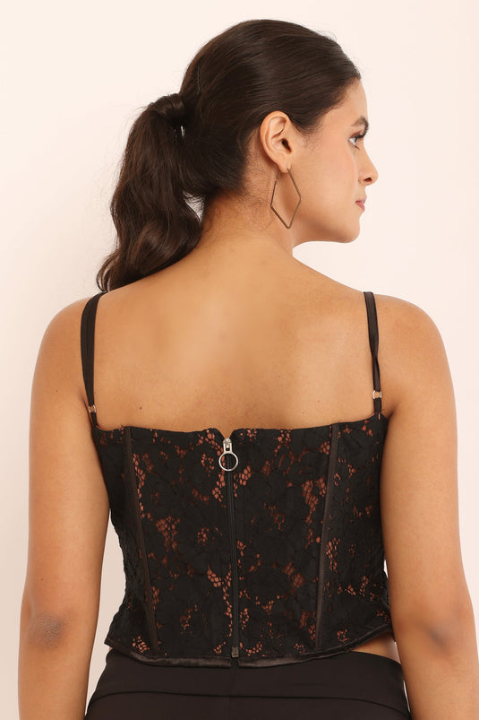 Black Lace Corset Top and Wide-Leg Trousers Set