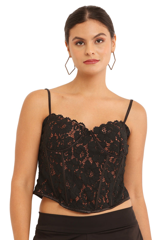 Black Lace Corset Top and Wide-Leg Trousers Set