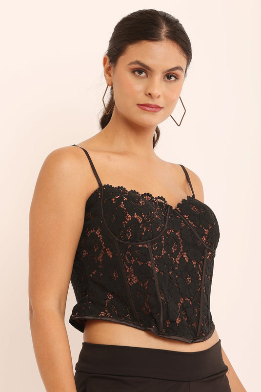 Black Lace Corset Top and Wide-Leg Trousers Set