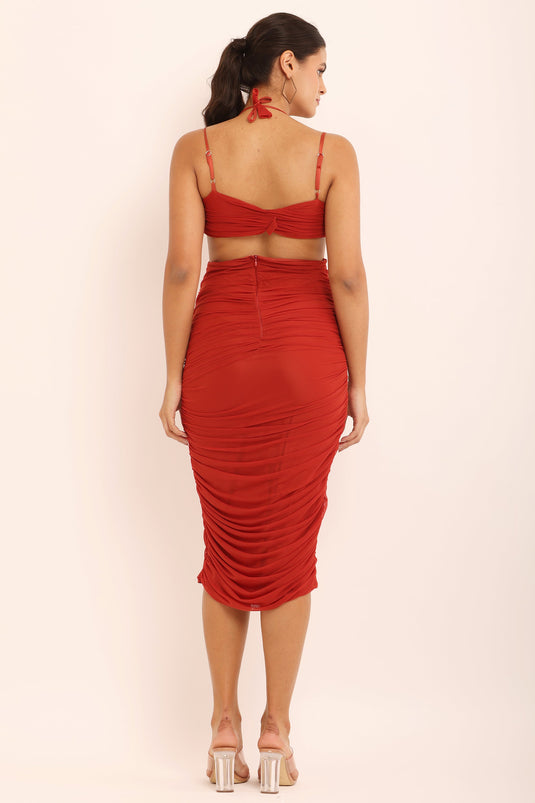 Zyrawear Red Ruched Bodycon Midi Dress