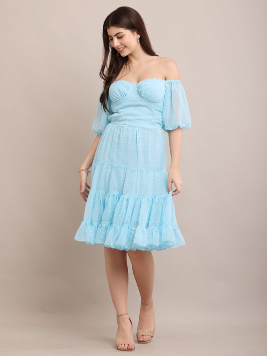 Light Blue Off-Shoulder Ruffle Midi Dress