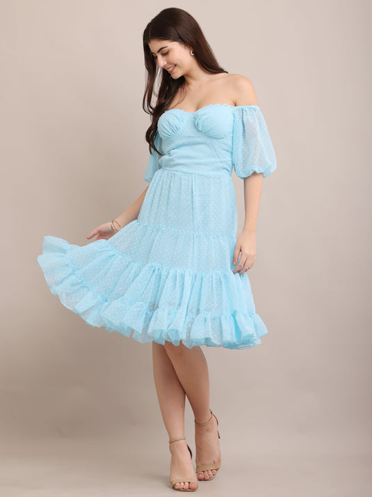 Light Blue Off-Shoulder Ruffle Midi Dress