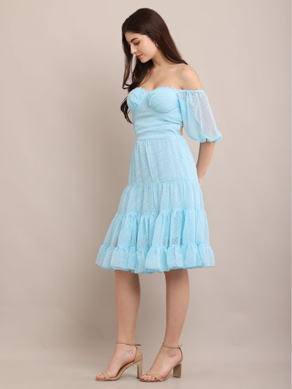 Light Blue Off-Shoulder Ruffle Midi Dress