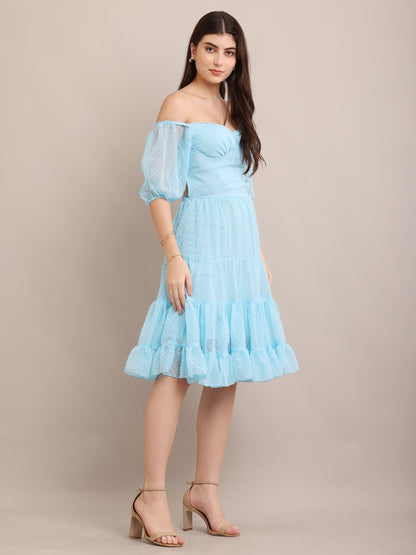 Light Blue Off-Shoulder Ruffle Midi Dress