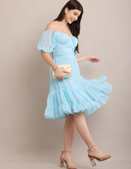 Light Blue Off-Shoulder Ruffle Midi Dress