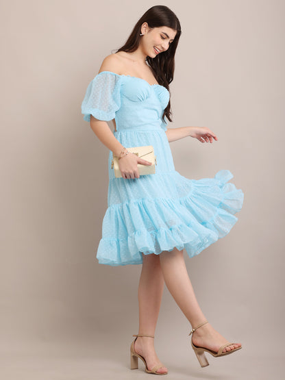 Light Blue Off-Shoulder Ruffle Midi Dress