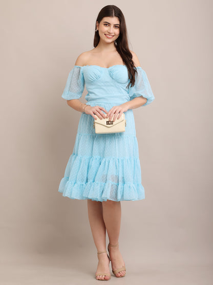 Light Blue Off-Shoulder Ruffle Midi Dress