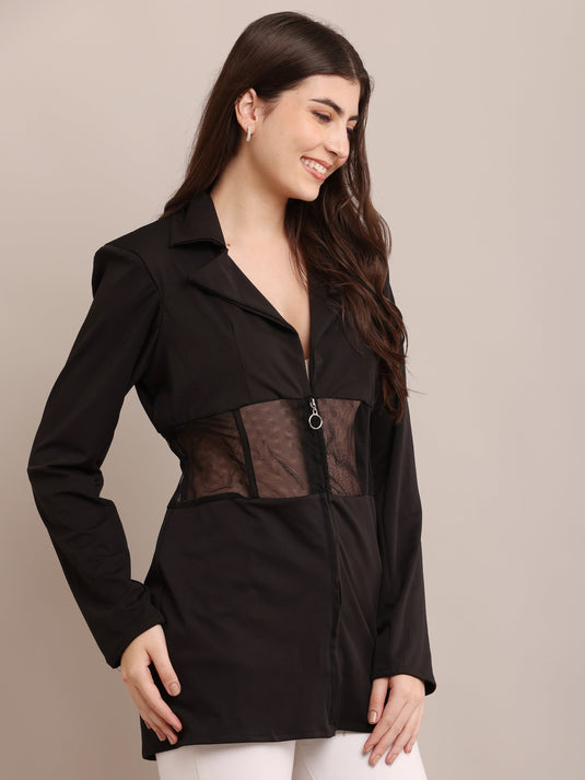 Black Mesh Panel Zip-Up Jacket