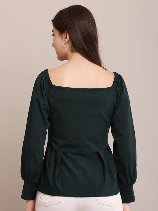 Dark Green Peplum Top with Puff Sleeves