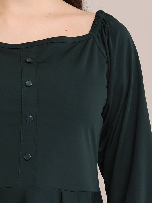 Dark Green Peplum Top with Puff Sleeves