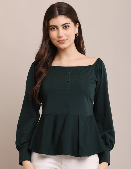 Dark Green Peplum Top with Puff Sleeves