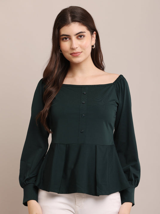 Dark Green Peplum Top with Puff Sleeves