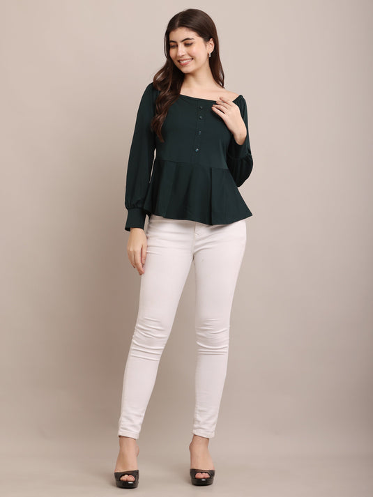 Dark Green Peplum Top with Puff Sleeves