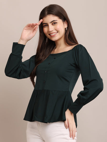 Dark Green Peplum Top with Puff Sleeves