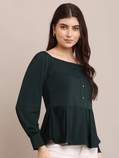 Dark Green Peplum Top with Puff Sleeves