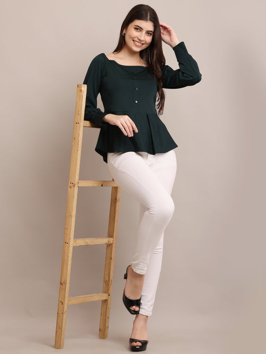 Dark Green Peplum Top with Puff Sleeves