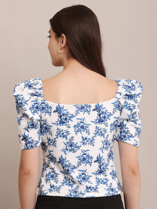 Zyrawear Blue Floral Puff Sleeve Top