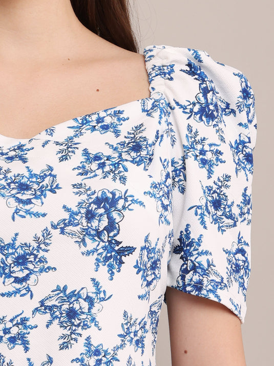 Zyrawear Blue Floral Puff Sleeve Top