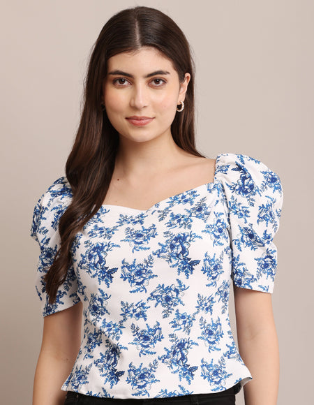 Zyrawear Blue Floral Puff Sleeve Top