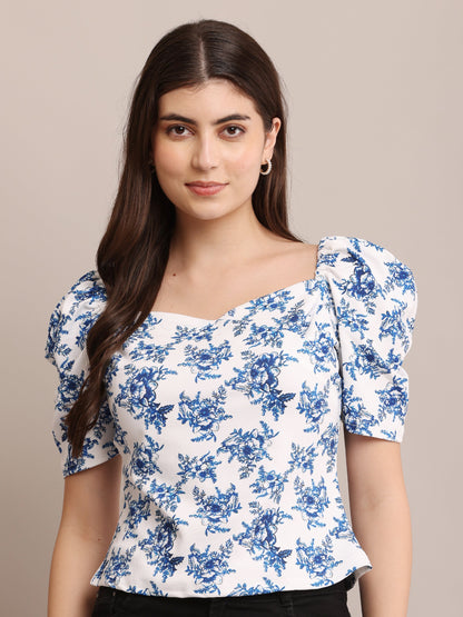 Zyrawear Blue Floral Puff Sleeve Top