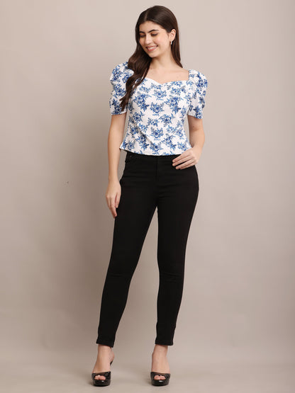 Zyrawear Blue Floral Puff Sleeve Top