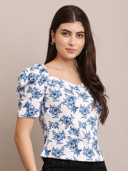 Zyrawear Blue Floral Puff Sleeve Top