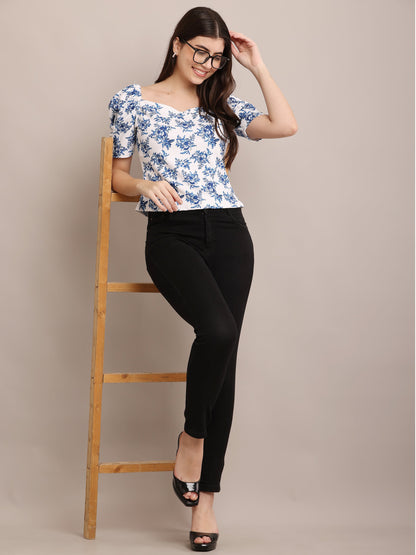 Zyrawear Blue Floral Puff Sleeve Top