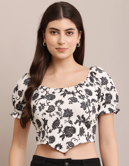 Floral Print Puff Sleeve Crop Top