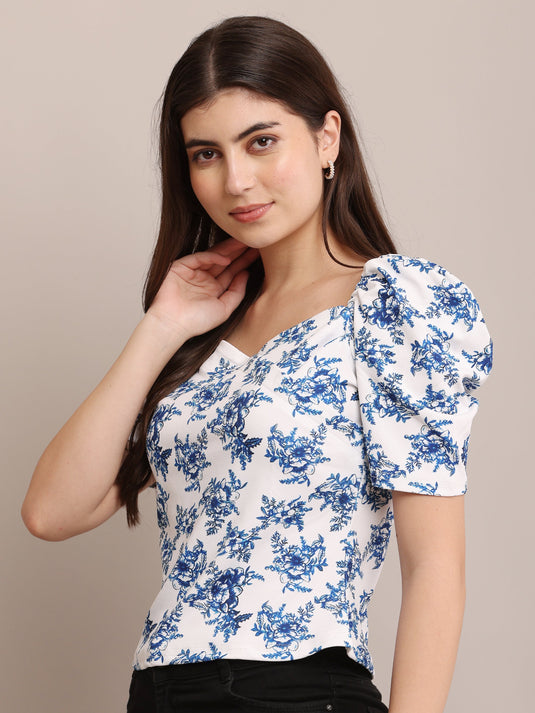 Zyrawear Blue Floral Puff Sleeve Top